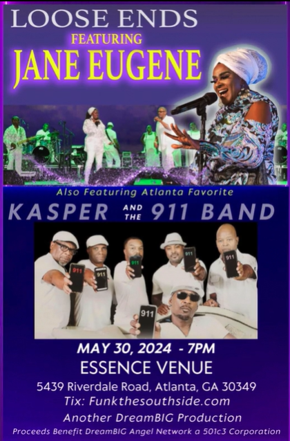 A purple and white poster with a band on it